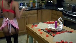 Slim brunette in lingerie her tight pussy by horny creepy stalker