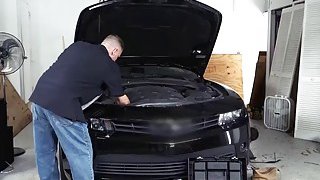 Horny grease monkey drills a teen wildly in the garage