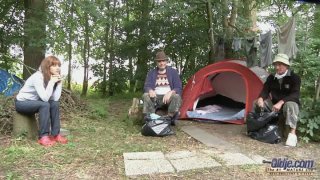 Slim voracious brunette pleases two old dicks in the woods