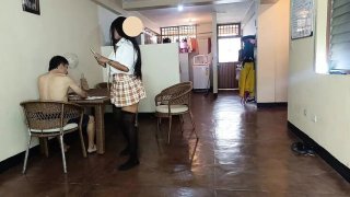 Innocent schoolgirl in uniform fucks old man for money - real amateur pain moaning