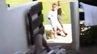 Hairy teen nudist fucked doggy style by two strangers in yard threesome